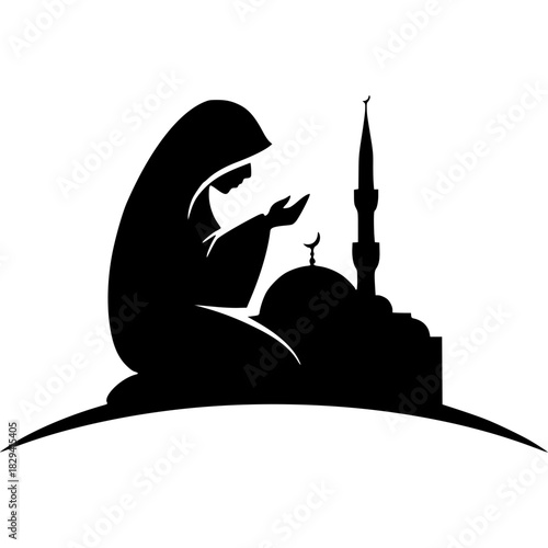 Minimalist Islamic prayer woman praying in mosque silhouette vector illustration religious muslim worship ramadan 100 vector