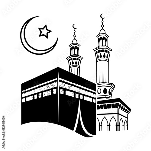Minimalist kaaba mecca islam muslim eid mubarak ramadan kareem hajj pilgrimage islamic mosque crescent star art vector vector
