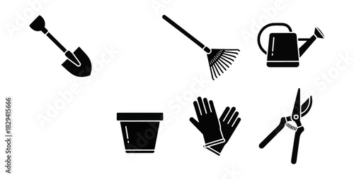 Gardening tools silhouettes on black background