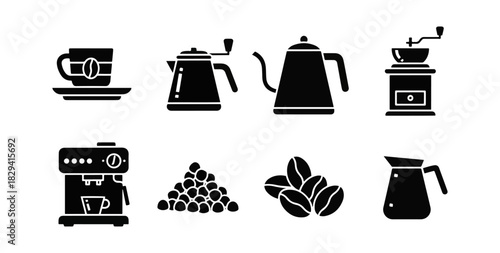 Coffee preparation equipment silhouettes in dark setting