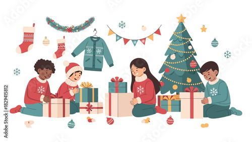 Children joyfully opening Christmas presents under a decorated tree.