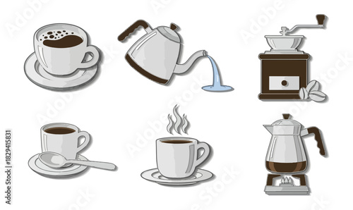 Coffee preparation illustration set cups kettles and grinder