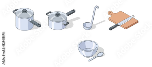 Isometric kitchen utensils illustration culinary tools cooking preparation