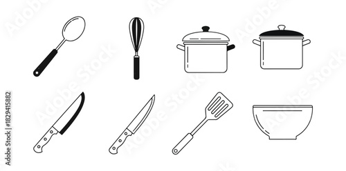 Kitchen utensils silhouettes illustration black and white cooking tools design