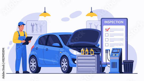 Professional auto mechanic performing a detailed vehicle inspection in a modern garage. Car maintenance and repair service concept. Flat vector illustration 66