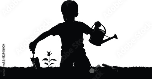 Silhouette of a young child kneeling in the grass, planting a sprout and holding a watering can, symbolizing growth, nature, environmental education, caring for the