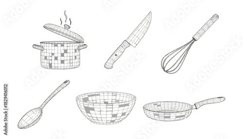 Kitchen utensils set isolated on black background