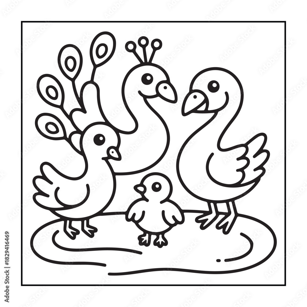 Fototapeta premium Kids-friendly group of animals set black and white coloring pages.