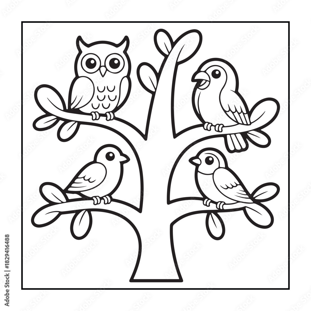 Fototapeta premium Kids-friendly group of animals set black and white coloring pages.