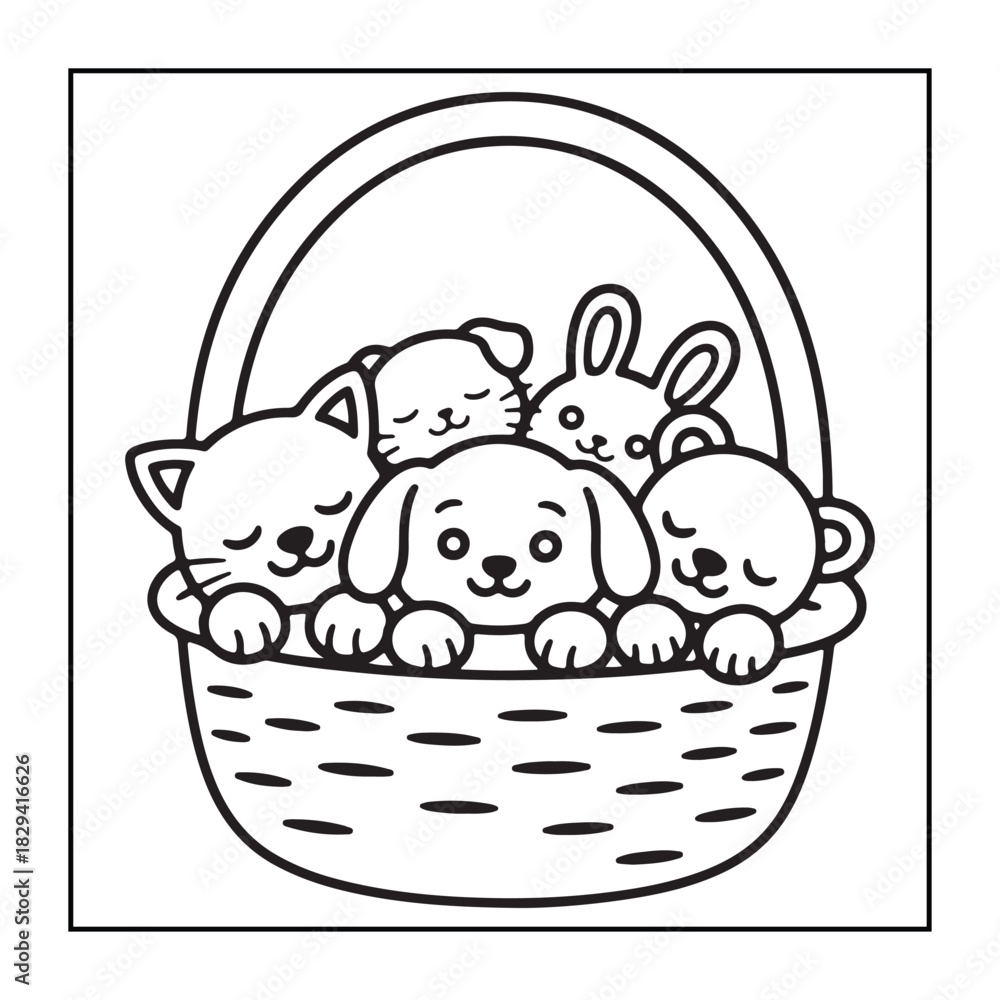 Fototapeta premium Kids-friendly group of animals set black and white coloring pages.