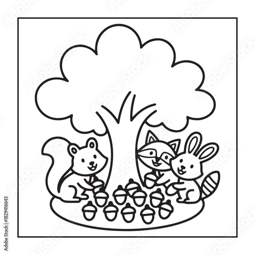 Kids-friendly group of animals set black and white coloring pages.