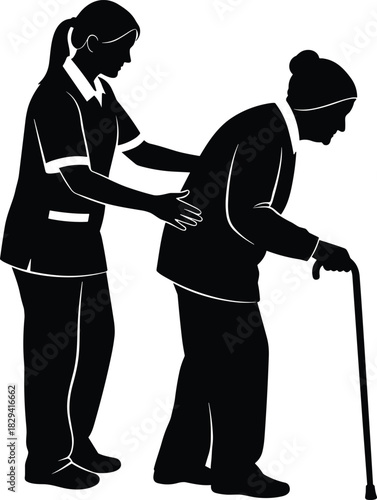Silhouette of caregiver helping elderly person with cane, black and white illustration, support and mobility assistance theme, compassion and aging concept