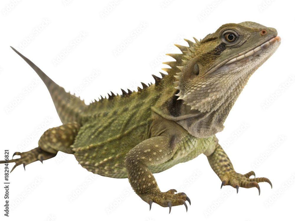 Fototapeta premium Alert green water dragon, curious lizard reptile from Australia, isolated on white. Wild animal with spiky crest looking up with interest