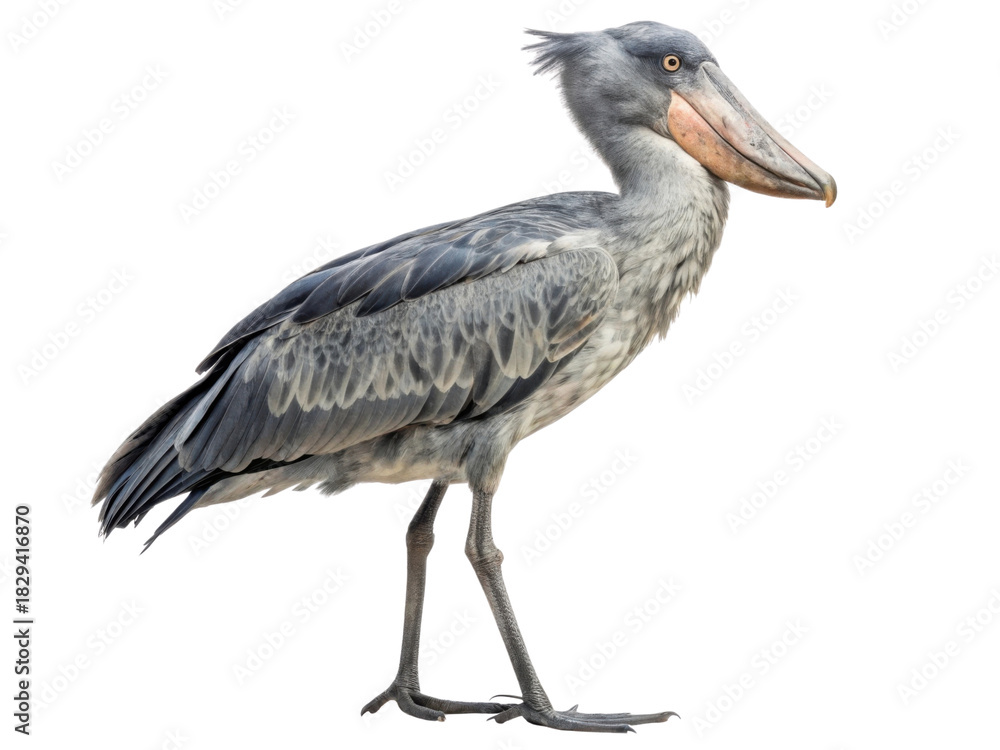 Fototapeta premium Serious grey shoebill bird, large african animal with prehistoric look. Full body profile view of unique wildlife standing isolated