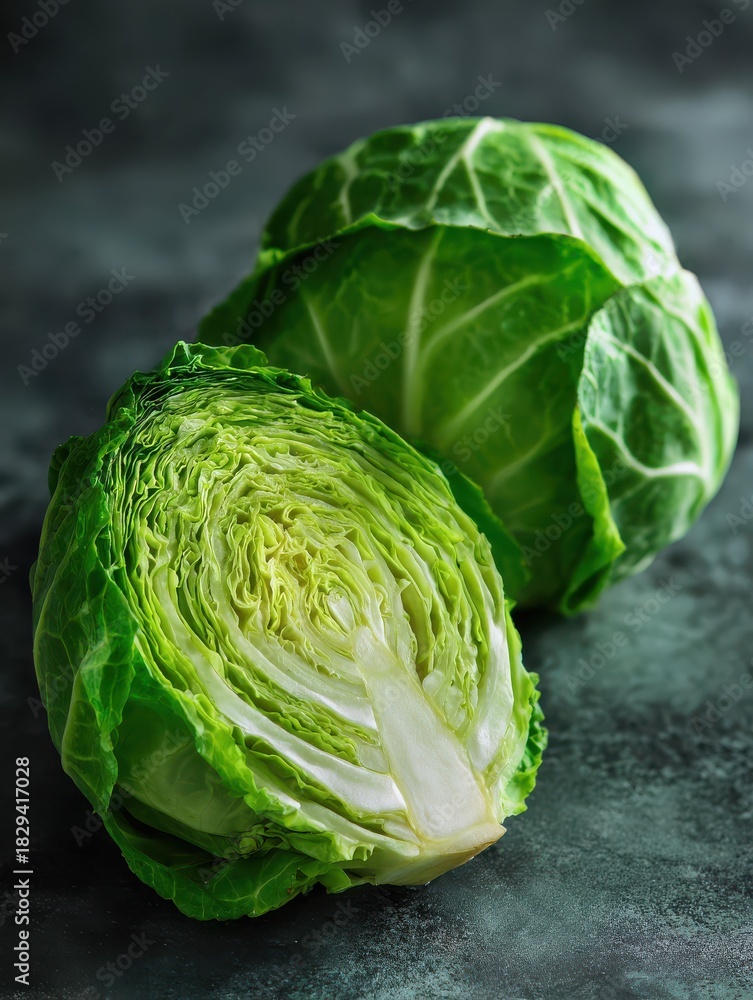 Fototapeta premium fresh young cabbage half a head in bright green background modern hard light dark shadowvegetables for cutting spring salad vegan food diet vitamins no logos no brands ar 34