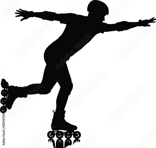 Silhouette of rollerblader skating over cartoon figures, black and white illustration, surreal motion and balance concept, creative energy and whimsy theme