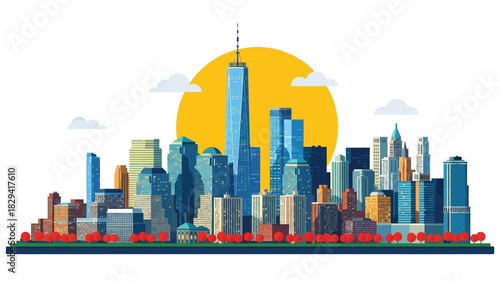 A vibrant illustration of a cityscape with skyscrapers and a golden sun