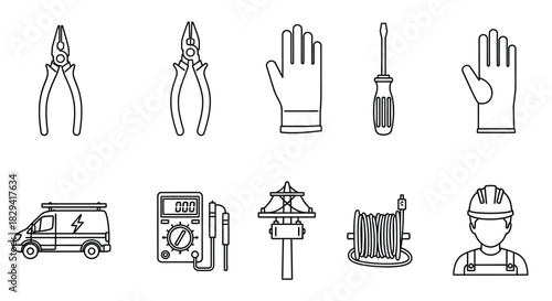 Diverse set of electrical tools safety equipment and related icons in outline style
