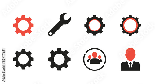 A collection of mechanical gears a wrench and human resource icons