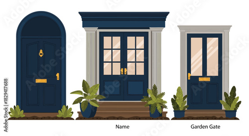 Stylized illustration of three different door designs with plant life