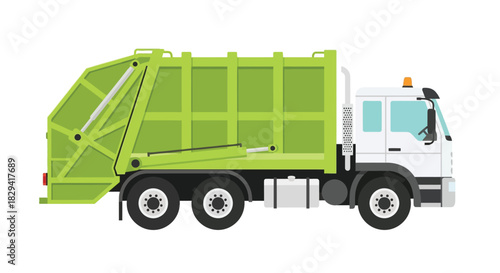 a cartoon illustration of a green and white garbage truck side view