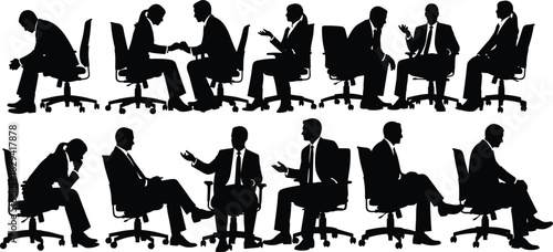 Silhouettes of business professionals seated in office chairs, black and white illustration, posture and gesture study, corporate communication and meeting theme
