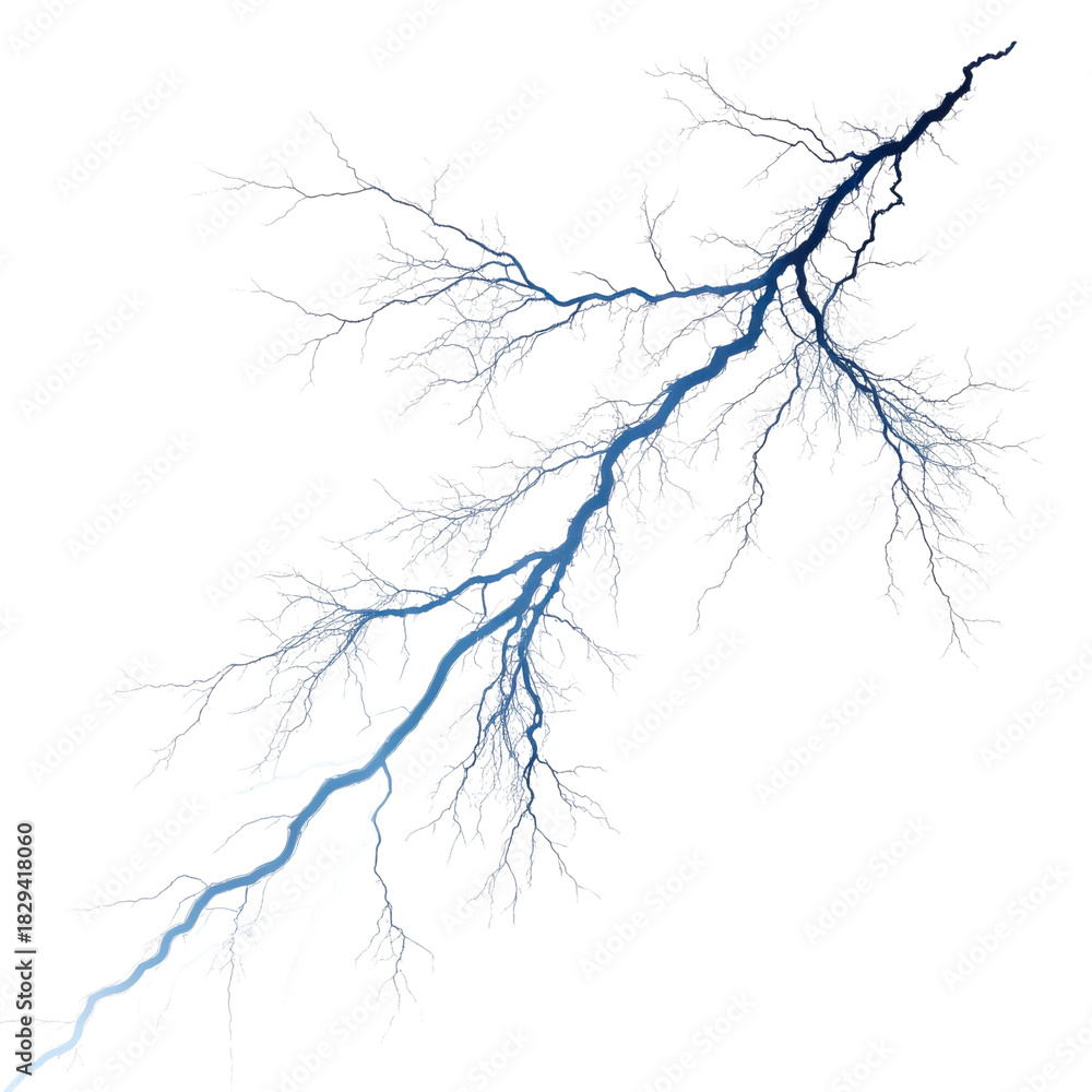 Fototapeta premium Dramatic blue lightning bolt strike during powerful storm. An isolated illustration of immense electric energy and raw natural force