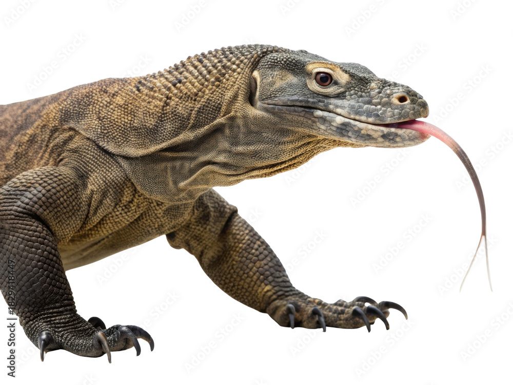 Obraz premium Close up isolated Komodo dragon with forked tongue out. Giant prehistoric monitor lizard reptile showing alert curious expression