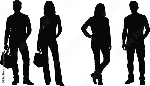 Silhouettes of four individuals in pairs with shopping bags, black and white illustration, casual posture and consumer lifestyle theme