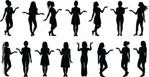 Silhouettes of fifteen women with raised arms in expressive poses, black and white illustration, gesture and posture study, individuality and emotion theme