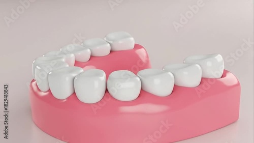 Dental model close up showing healthy white teeth on pink gums