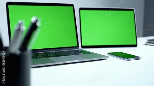 A contemporary office workspace featuring a laptop, digital tablet, and smartphone, all with green screens for easy content placement and mockups
