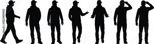 Silhouettes of person in seven casual poses wearing cap, black and white illustration, gesture and posture study