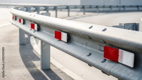Crash barrier with reflectors in urban environment under sunlight  