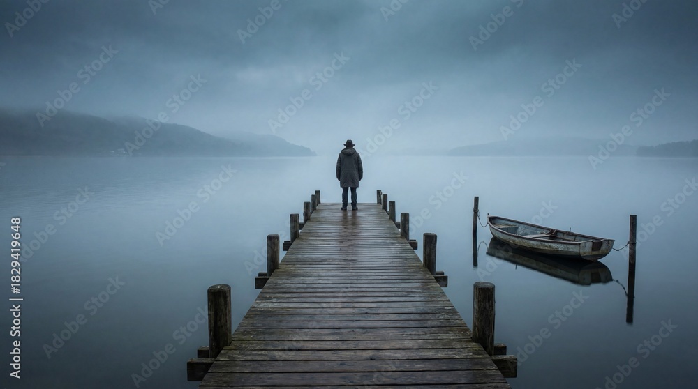 Fototapeta premium A solitary figure stands at the end of a misty wooden pier extending into calm waters with a small boat tied nearby