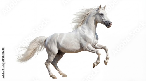 Graceful white horse in mid-gallop with flowing mane and tail against a plain background
