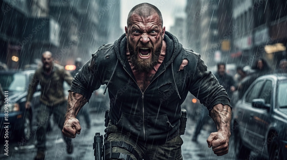 Fototapeta premium Angry bearded man in torn jacket running through heavy rain on a chaotic city street