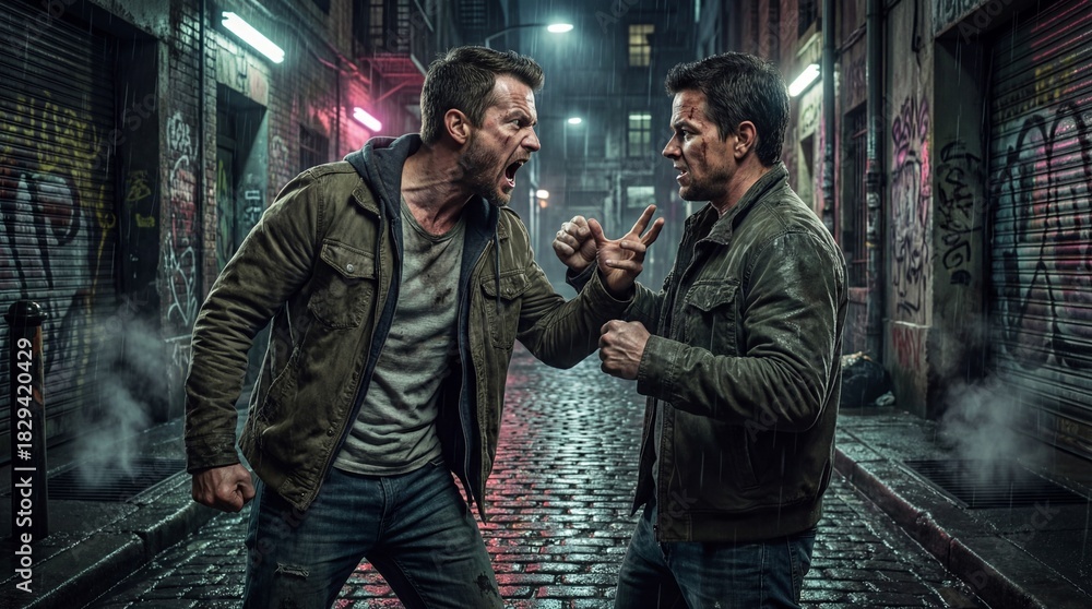 Obraz premium Two men in a tense confrontation on a rainy night in an alley covered with graffiti
