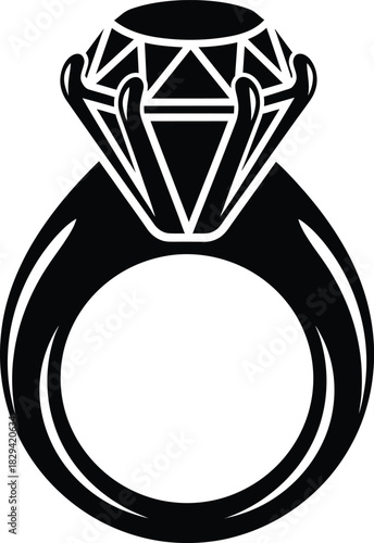 Christmas Black Silhouette Of A Diamond Ring With A Faceted Gemstone And A Plain Band illustration