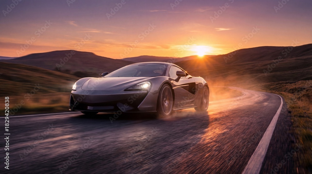 Naklejka premium Sport car driving on a winding mountain road at sunset with vibrant sky and scenic landscape