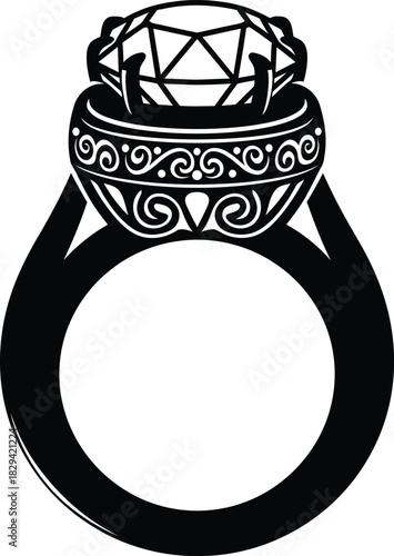 Ornate Christmas black silhouette of a diamond engagement ring with scrollwork on a white background icon