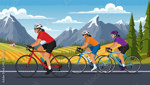 Three Cyclists Enjoying a Scenic Ride Through Rolling Hills and Mountains
