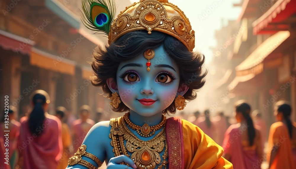 Fototapeta premium Illustration of Lord Krishna as a child in a traditional Indian setting. Young Krishna wears a crown and jewelry. People in the background celebrate Janmashtami festival.