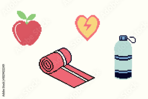 heart, apple, water bottle, yoga mat icon, vector