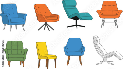 Colorful Modern Chair Vector Set Featuring Mid-Century Accent Seating, Swivel Lounge Chairs, Tufted Upholstery, and Iconic Chaise Lounge Furniture.
