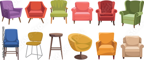 Mega Colorful Seating Furniture Vector Set Featuring Armchairs, Wingback Chairs, Swivel Chairs, Stools, and Accent Seating for Interior Design Decor.
