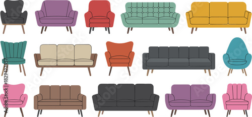 Mega Colorful Living Room Furniture Vector Set Featuring Sofas, Armchairs, Tufted Seating, and Mid-Century Modern Styles for Interior Design Decor.