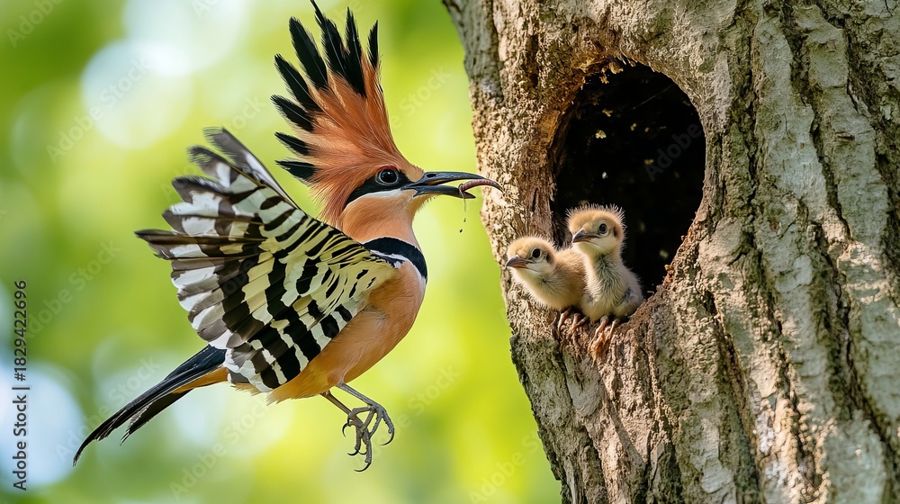 Fototapeta premium Eurasian hoopoe feeding chick inside tree hollow, summer nature scene, mother bird with worm nourishing little birds, feathered wildlife with crest in flight