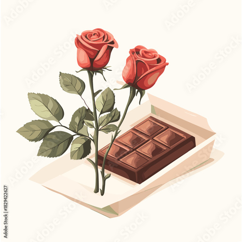 Vector modern flat illustration of chocolate box and roses - Suitable for confectionery ads, florist promotions, or luxury gift guides. , vector style simple color
