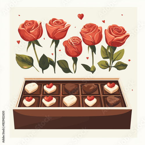 Vector modern flat illustration of chocolate box and roses - Suitable for confectionery ads, florist promotions, or luxury gift guides. , vector style simple color